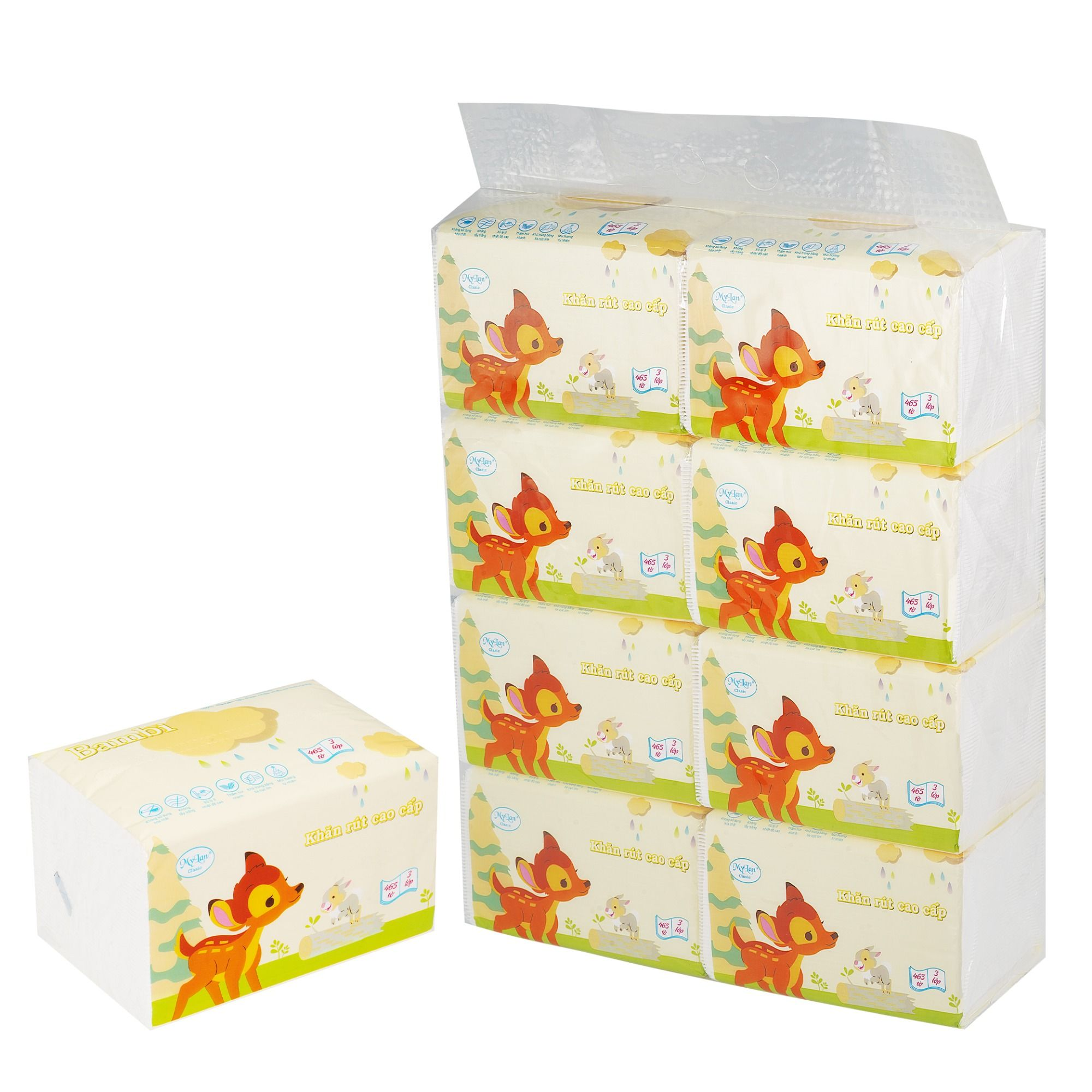  Khăn Giấy Rút MyLan Con Nai Cao Cấp 3 Lớp Mềm Dai Không Bụi Giấy 465 Tờ/Gói 