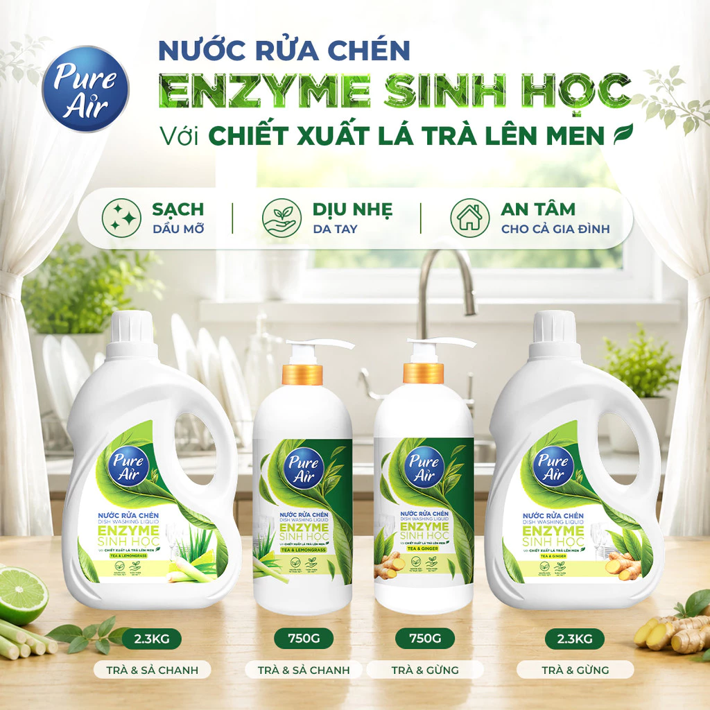  Nước Rửa Chén Enzyme Sinh Học Pure Air Chiết Xuất Lá Trà Lên Men 750g-2.3kg - Hỗ Trợ Làm Sạch Dầu Mỡ Khử Mùi Tanh Dịu Nhẹ Da Tay 