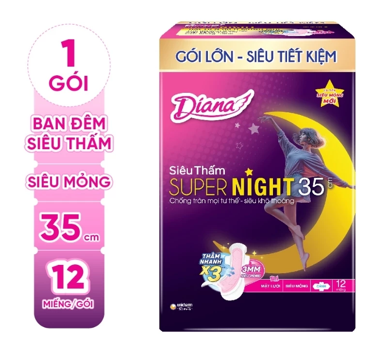  Băng vệ sinh ban đêm Diana siêu thấm Supernight 35cm gói 12 miếng 