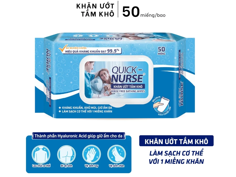  Khăn Ướt Tắm Khô Không Dùng Nước QUICK-NURSE 50 Miếng Kháng Khuẩn Khử Mùi, Giữ Ẩm Da 