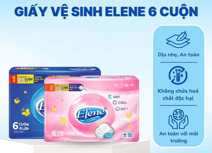  Giấy Vệ Sinh Elene 6 Cuộn 4 Lớp Cao Cấp, Mềm Mịn, An Toàn, Tan Ngay Trong Nước (Có Lõi/Không Lõi) 