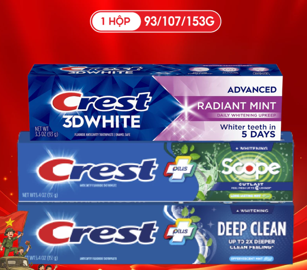  Kem Đánh răng CREST 93/107/153g/161g/323g 3D White/Plus/Complete trắng sáng, ngăn ngừa vôi răng (hộp đơn/hộp đôi) 