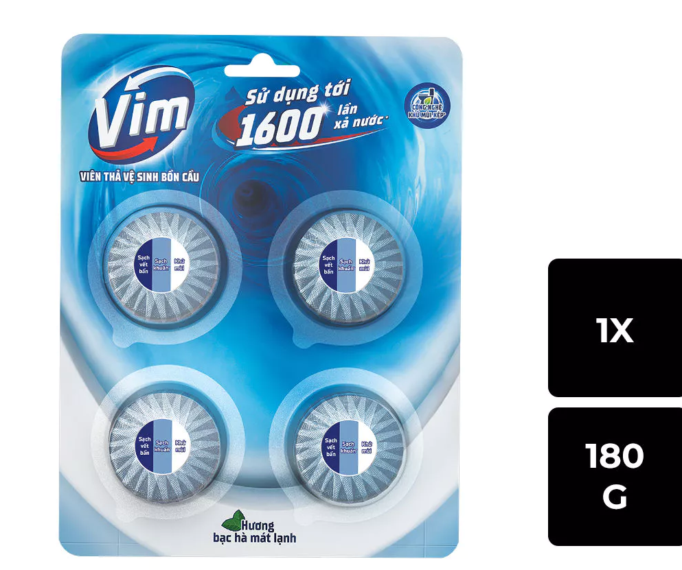  Viên Thả Vệ Sinh Bồn Cầu Vim Sạch Khuẩn, Sáng Bóng đến 1600 Lần Xả (4x45g/vỉ) 
