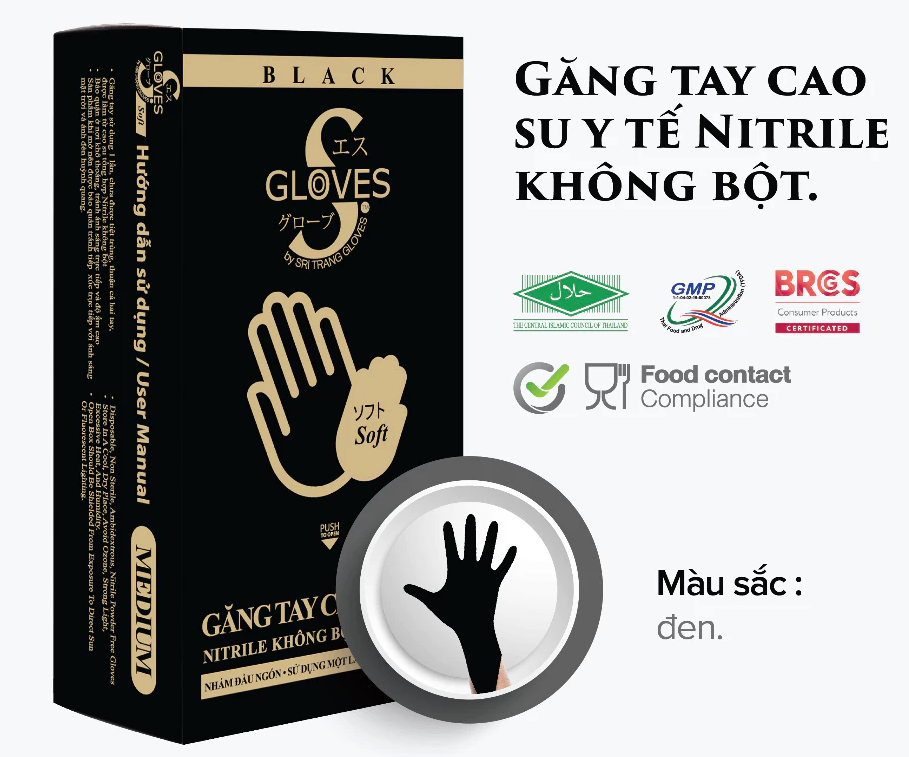  Găng tay y tế không bột nitrile Sgloves MÀU ĐEN 3.5g. Hộp 100 chiếc 