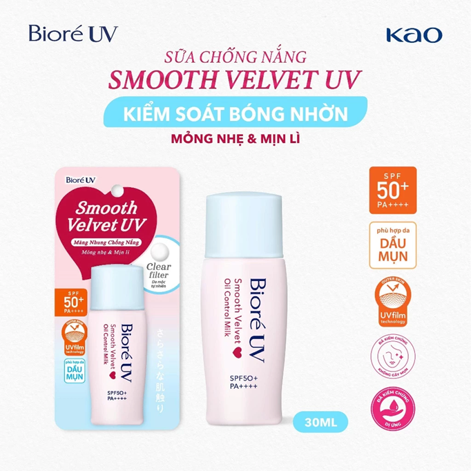  Sữa chống nắng kiềm dầu Biore UV màng nhung kiểm soát bóng nhờn SPF50+ PA++++ 30ml 