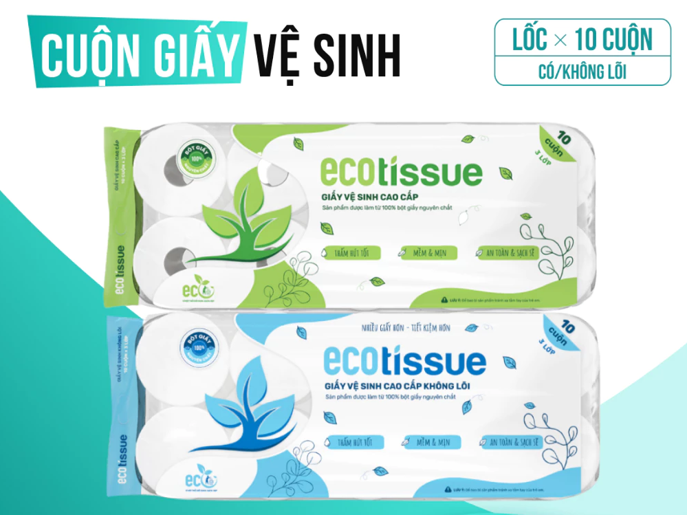  Giấy vệ sinh giấy cuộn cao cấp EcoWipes 3 lớp lốc 10 cuộn có lõi/ không lõi mềm dai thấm hút tốt 