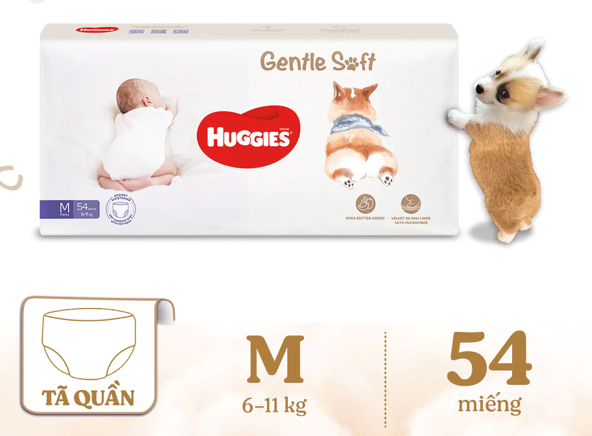  Tã quần Huggies Gentle Soft - Corgi M54/L40/XL34/XXL22 miếng êm mềm chiết xuất bơ hạt mỡ 