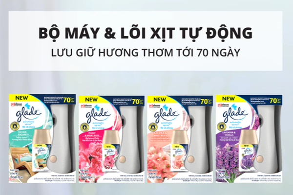  Bộ Máy & Lõi Xịt Thơm Phòng Tự Động GLADE Lưu Hương Tự Nhiên Đến 70 ngày 252ml 