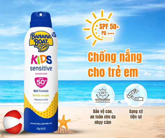 Kem Chống Nắng Banana Boat Dạng Xịt Dành Cho Trẻ Em Kids Sensitive Sunscreen Spray - SPF50+/170G 