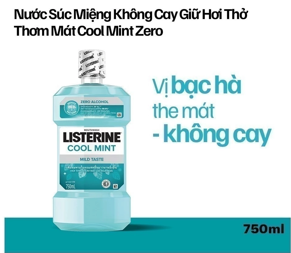  Nước Súc Miệng Listerine Không Cay Giúp Hơi Thở Thơm Mát - Cool Mint Zero Alcohol 750ml 
