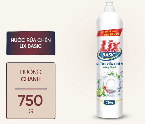  Nước rửa chén Lix Basic hương chanh 750gr - làm sạch dầu mỡ, khử mùi tanh 