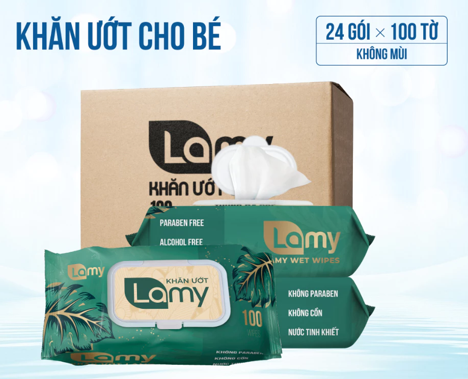  Khăn ướt Lamy gói 100 tờ không mùi không cồn không parabens cao cấp an toàn dành cho bé 