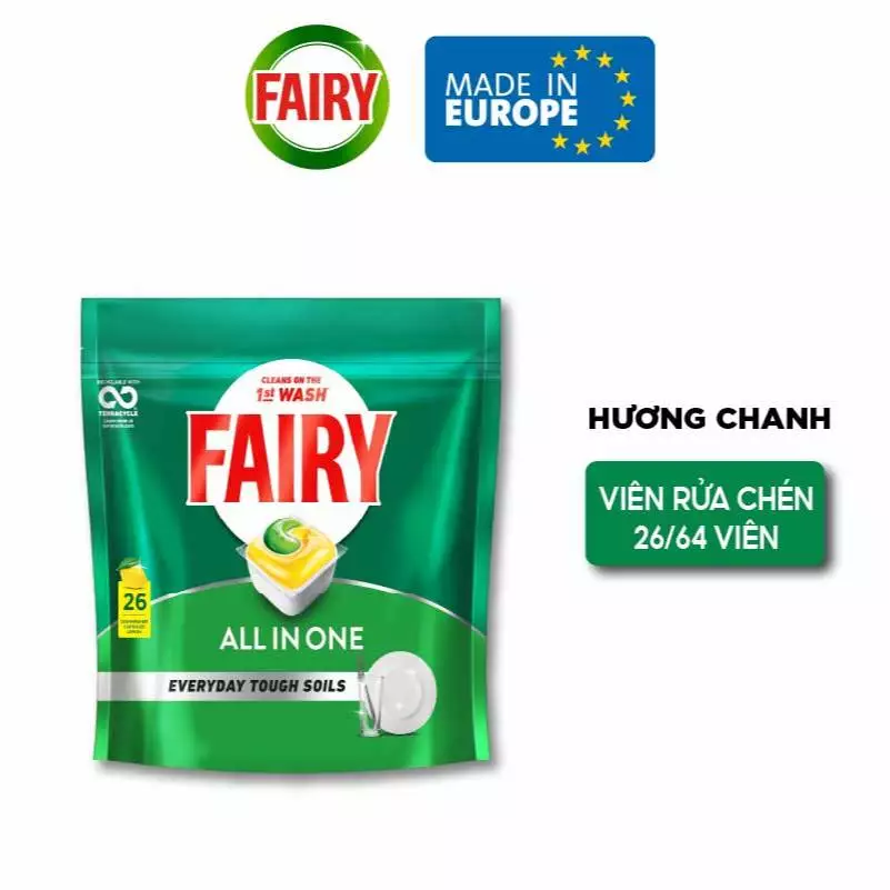  Viên rửa chén FAIRY All In One sạch sáng bóng, đánh bật cặn dầu mỡ, hương chanh, túi 26/64 viên - Châu Âu 