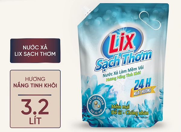  Nước xả Lix làm mềm vải sạch thơm hương nắng tinh khôi, nước xả vải thơm lâu 1,8L - 2,2L - 3,2L 