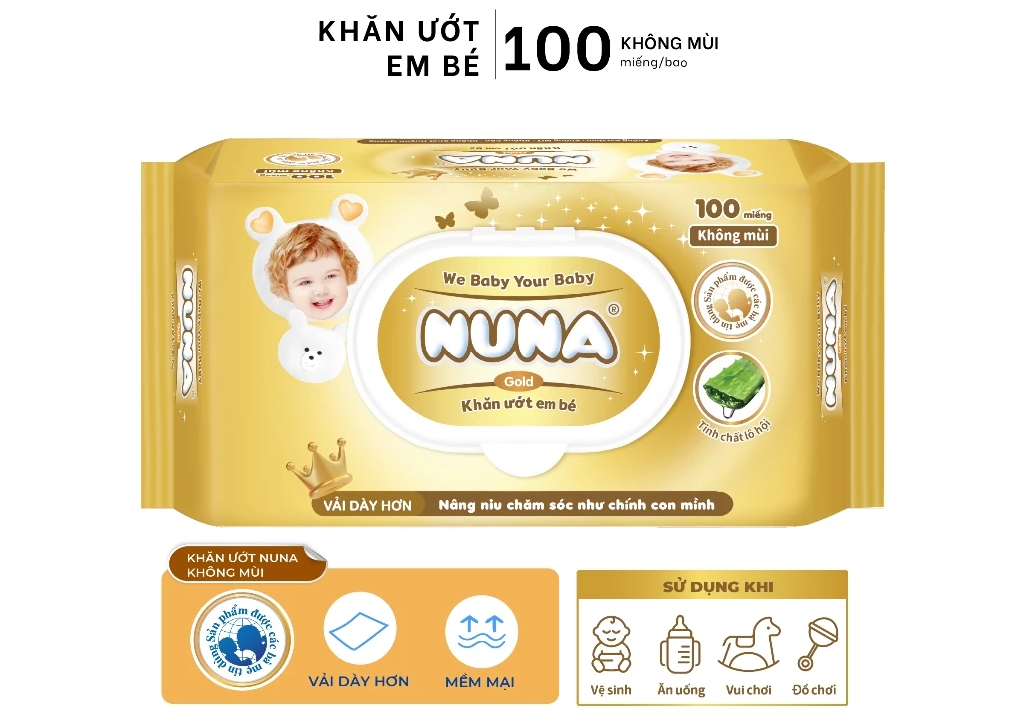 Khăn ướt cao cấp cho bé Nuna Gold 100 tờ không mùi - Vải rayon dày mềm dai tinh chất lô hội an toàn vệ sinh cho bé 
