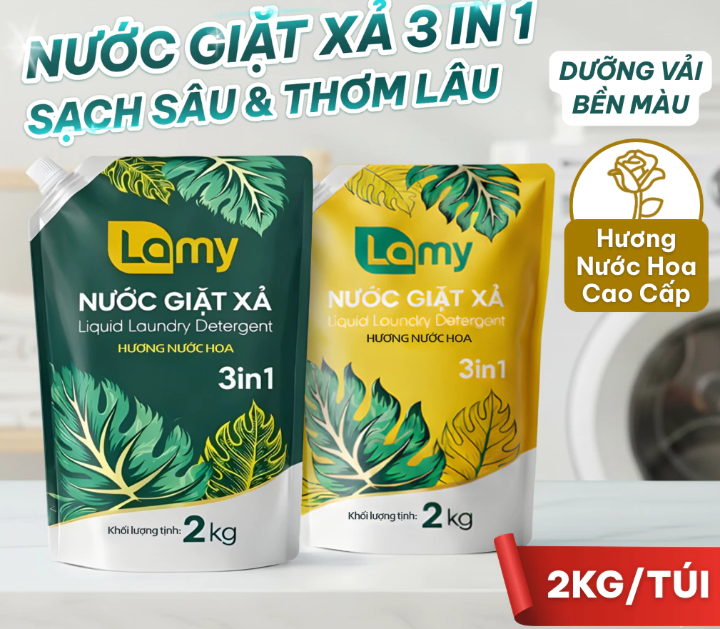 Nước Giặt Xả Lamy 3in1 lưu hương Nước Hoa, Sạch Sâu Mềm Vải Túi 2L/ Can 3.5L 
