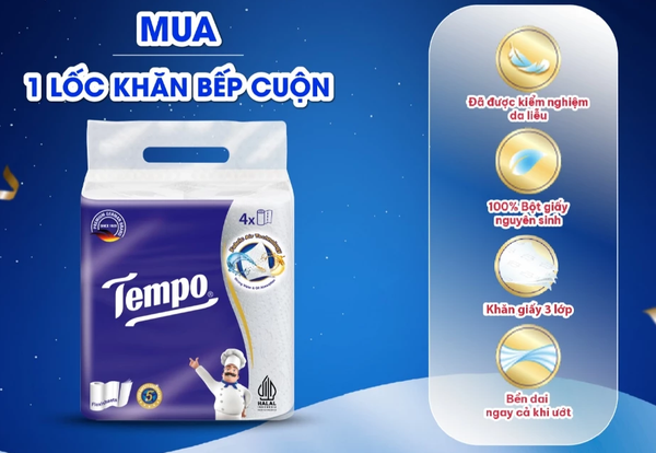 [LỐC 4 CUỘN] Khăn Giấy Bếp Tempo Dạng Cuộn Đa Năng, Siêu Thấm - Thương Hiệu Đức 
