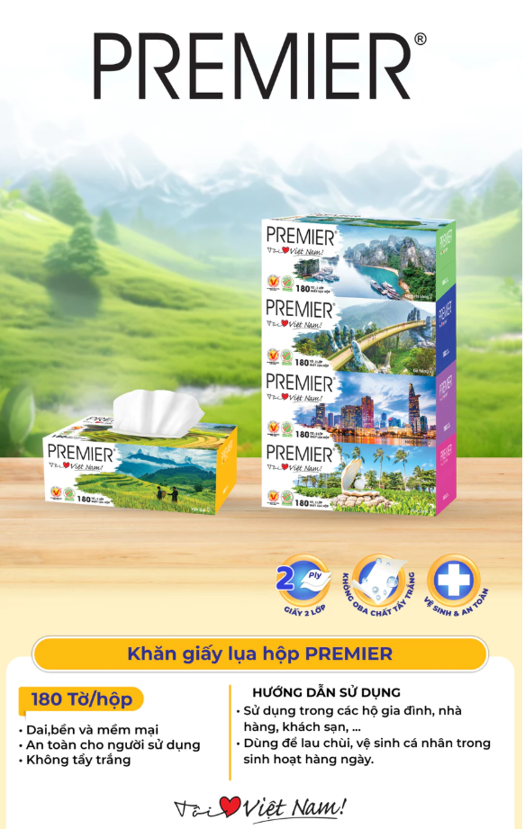  Khăn giấy lụa đa năng PREMIER Tôi Yêu Việt Nam, 2 lớp – 100% bột giấy nguyên sinh, không chất tẩy, 180 tờ/hộp 