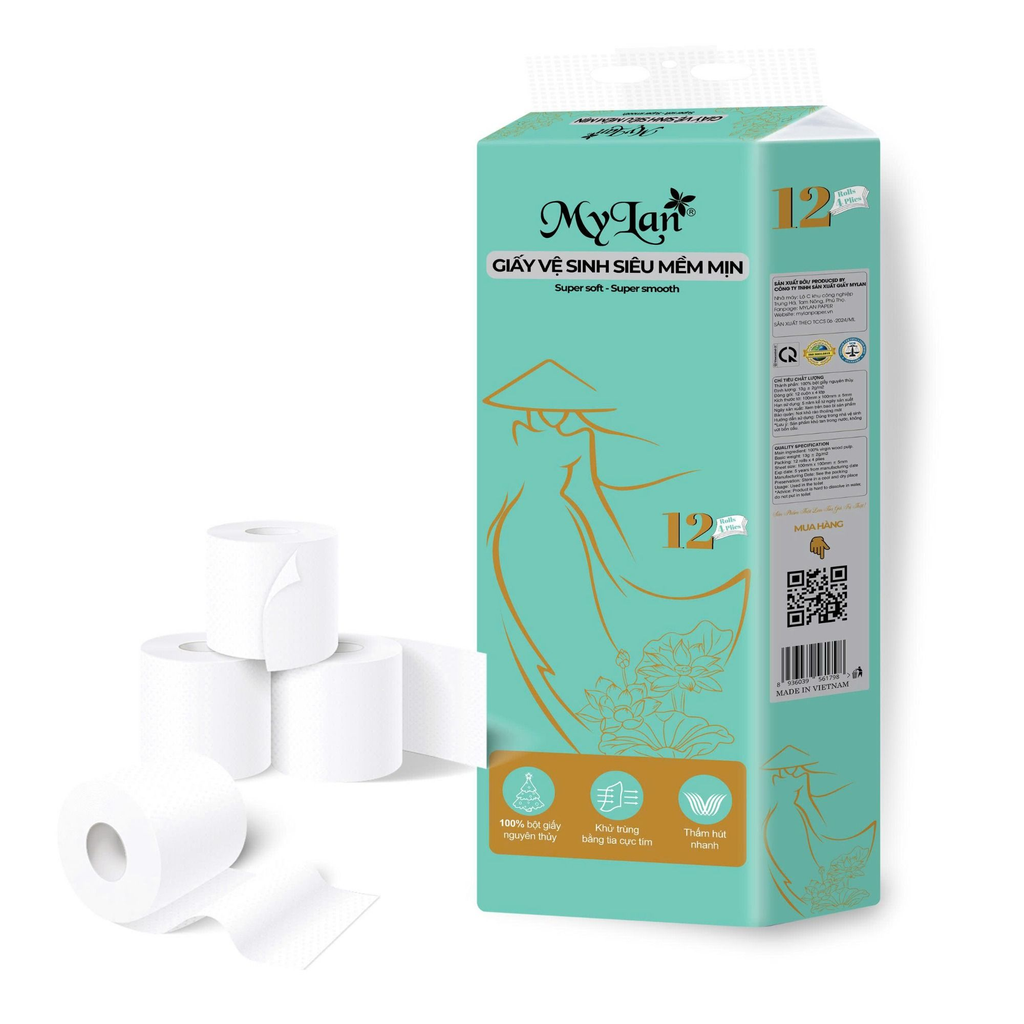  Giấy vệ sinh siêu mềm mịn Mylan có lõi (2kg, 12 cuộn/lốc; 10 lốc/bịch) 