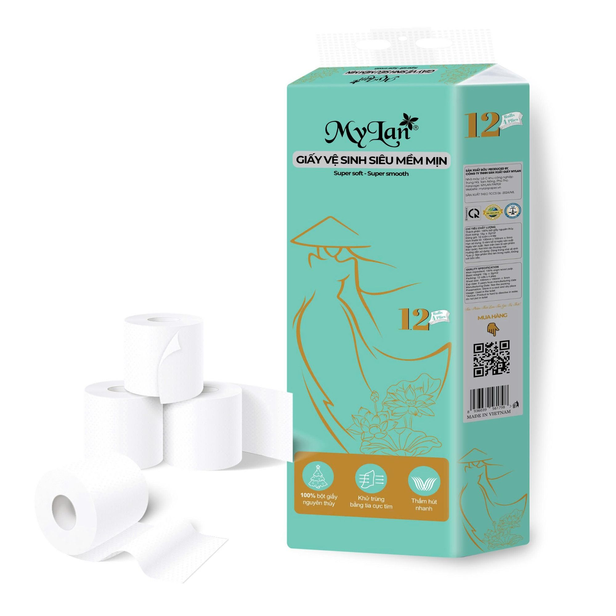  Giấy vệ sinh siêu mềm mịn Mylan có lõi (2kg, 12 cuộn/lốc; 10 lốc/bịch) 