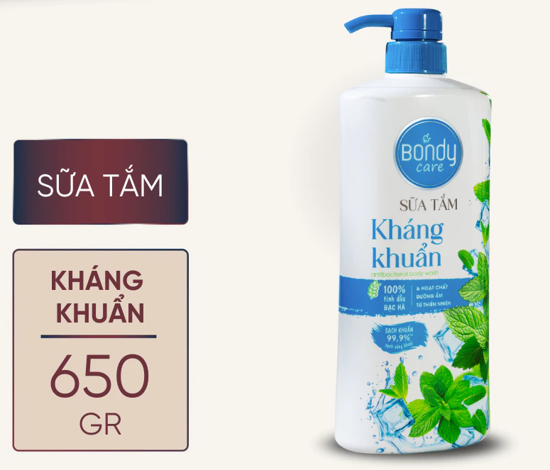 Sữa tắm ngăn mùi cơ thể, kháng khuẩn Bondy Care 650g, lưu hương thơm tự nhiên 