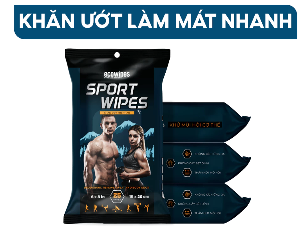  Khăn Ướt Sport Wipes ECOWIPES Gói 25 Tờ Tinh Chất Bạc Hà Làm Mát Phục Hồi Cơ Thể 