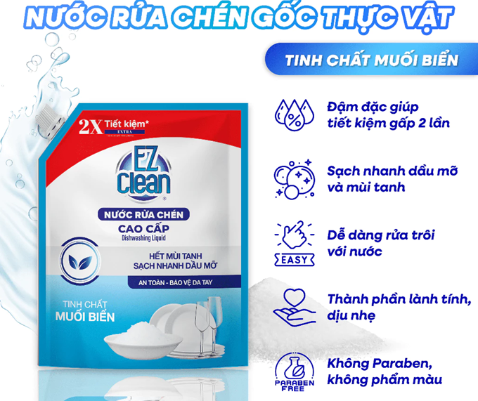  Túi Nước Rửa Chén EZ Clean 3,5kg, sạch nhanh dầu mỡ, không phẩm màu, dịu da tay, bổ sung vitamin E 