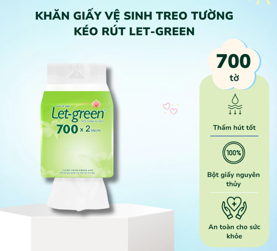  Khăn Giấy Vệ Sinh Treo Tường Rút Kéo LET-GREEN, 700 Tờ/Bao, 2 Lớp/Tờ 