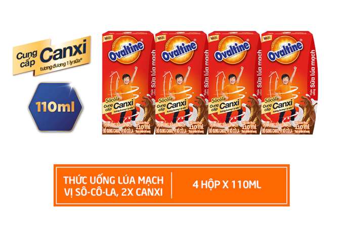  Thức uống lúa mạch thêm Canxi hương vị sô-cô-la Ovaltine hỗ trợ tăng chiều cao (110ml x 4) 