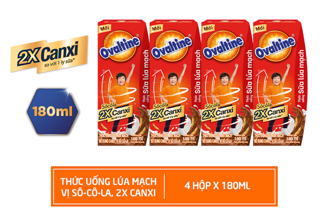  Thức uống lúa mạch gấp đôi Canxi hương vị sô-cô-la Ovaltine hỗ trợ tăng chiều cao (180ml x 4) 