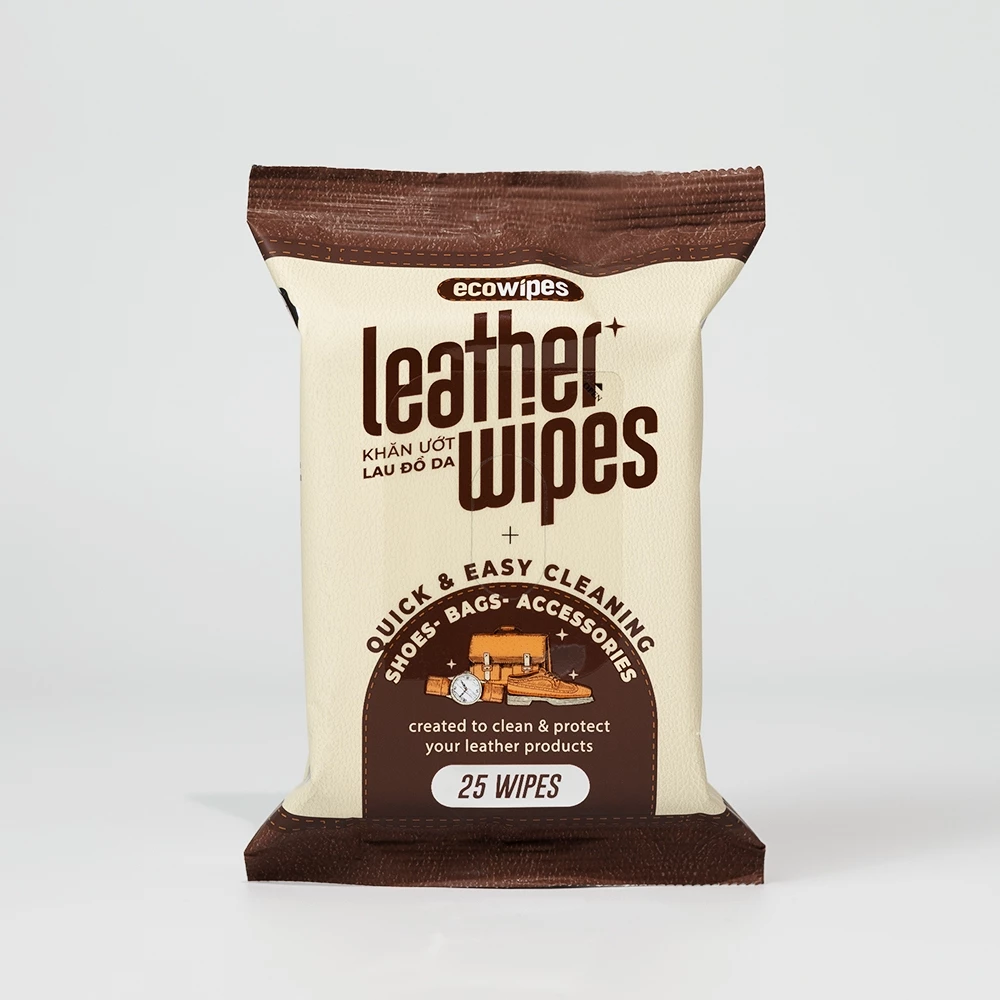  Khăn ướt lau giày da túi da ví da siêu tốc Leather EcoWipes gói 25 tờ hương quế 