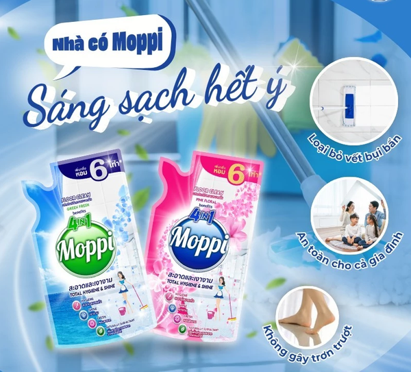  Nước Lau Sàn MOPPI BENEFITS 4in1 - Sạch Khuẩn, Sáng Bóng, Thơm Lâu, Chiết Xuất Thiên Nhiên Túi 600ml 