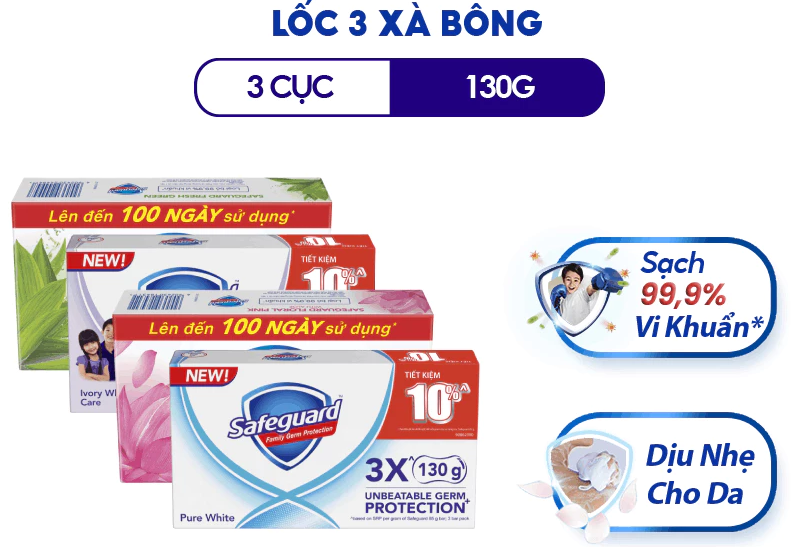  Lốc 3 Xà Bông Cục SAFEGUARD Sạch 99% Vi Khuẩn & Dịu Nhẹ Cho Da Trắng 115-125Gx3 