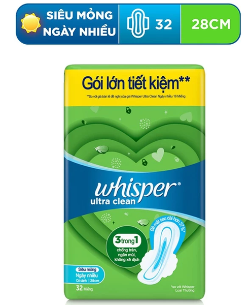  Băng Vệ Sinh WHISPER Ultra Siêu Mỏng Cho Ngày Nhiều 28 CM - Gói 32 Miếng 