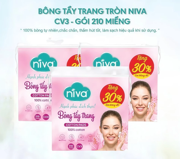  Bông Tẩy Trang Vuông NIVA CV3 Túi 210 Miếng – Bông Tự Nhiên Cao Cấp, Bản Cải Tiến 