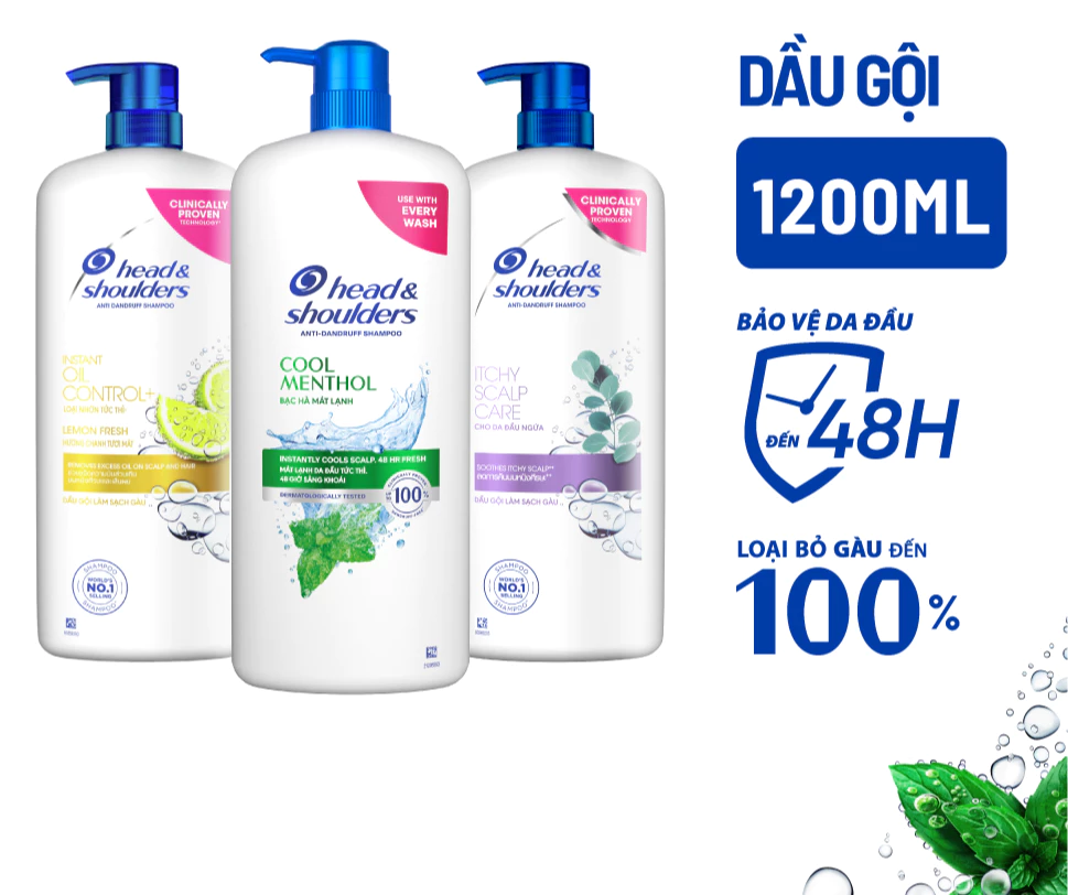  Dầu Gội Sạch Gàu HEAD & SHOULDERS Bạc Hà/ Giảm Ngứa Da Đầu/ Hương Chanh - Chai 1200 ml 