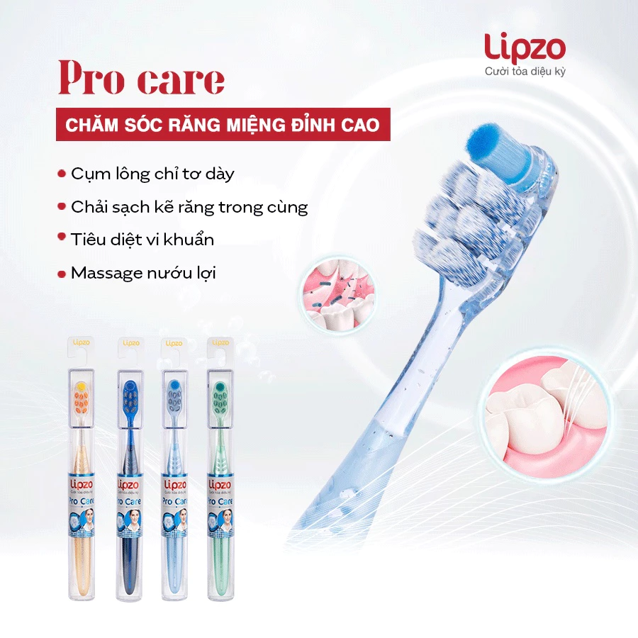  Bàn Chải Đánh Răng Lipzo ProCare Cao Cấp Lông Tơ Xoắn Kép & Tynex Chải Sạch Sâu, Êm Dịu Nướu 