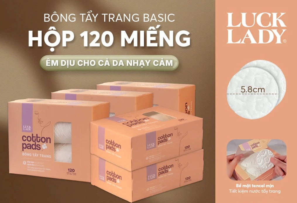  Bông tẩy trang Luck Lady dạng hộp 120 miếng,kích thước bông 58mm,mềm mịn,làm sạch da,an toàn cho da,skincare 