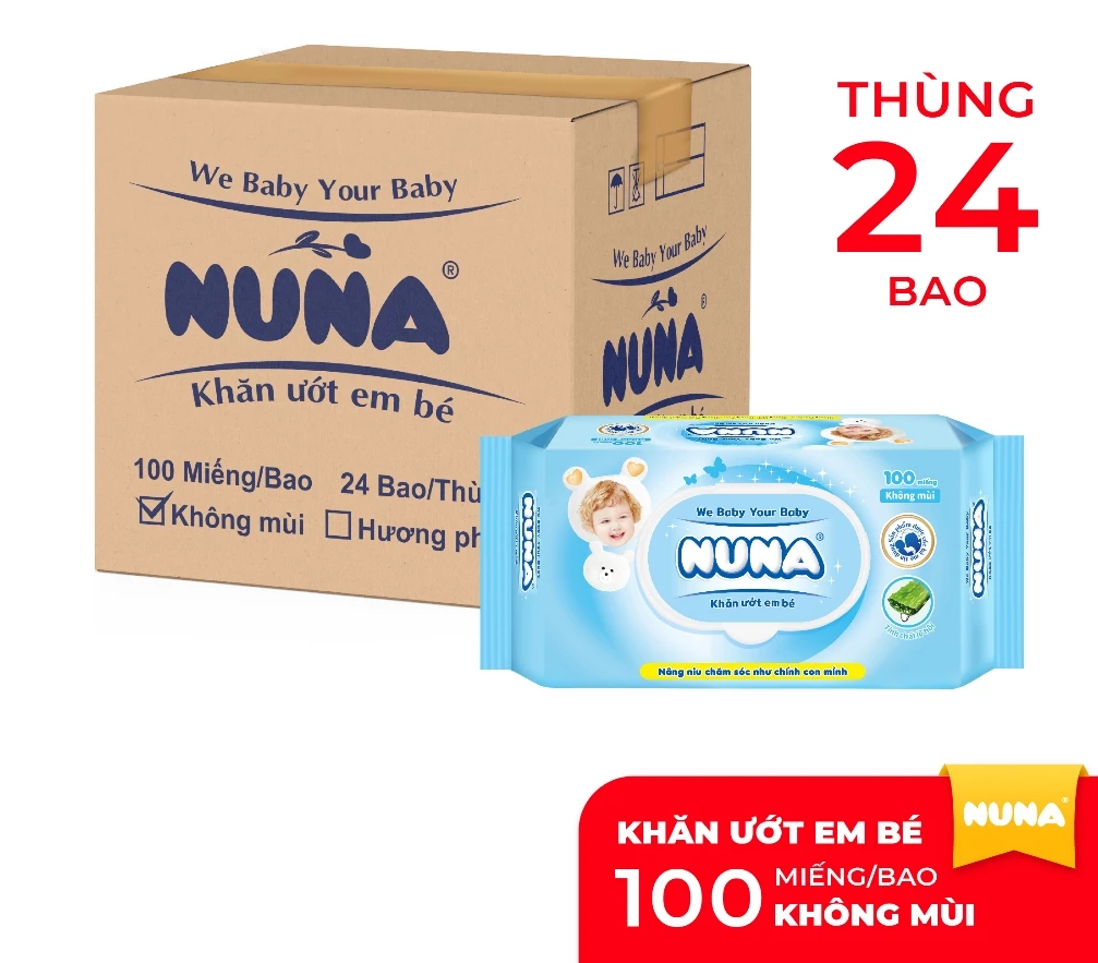  Khăn ướt em bé Nuna 100 miếng Không mùi/ Hương phấn/ Siêu dày 