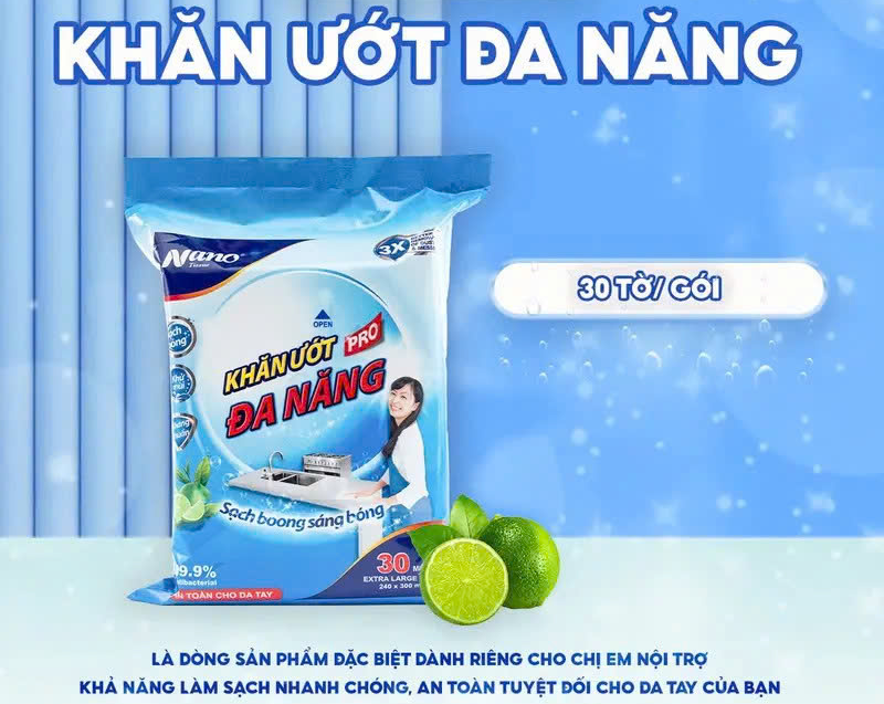  Khăn ướt lau bếp đa năng Nano gói 30 tờ, an toàn da tay, hương chanh, trà xanh - Nano Tissue 