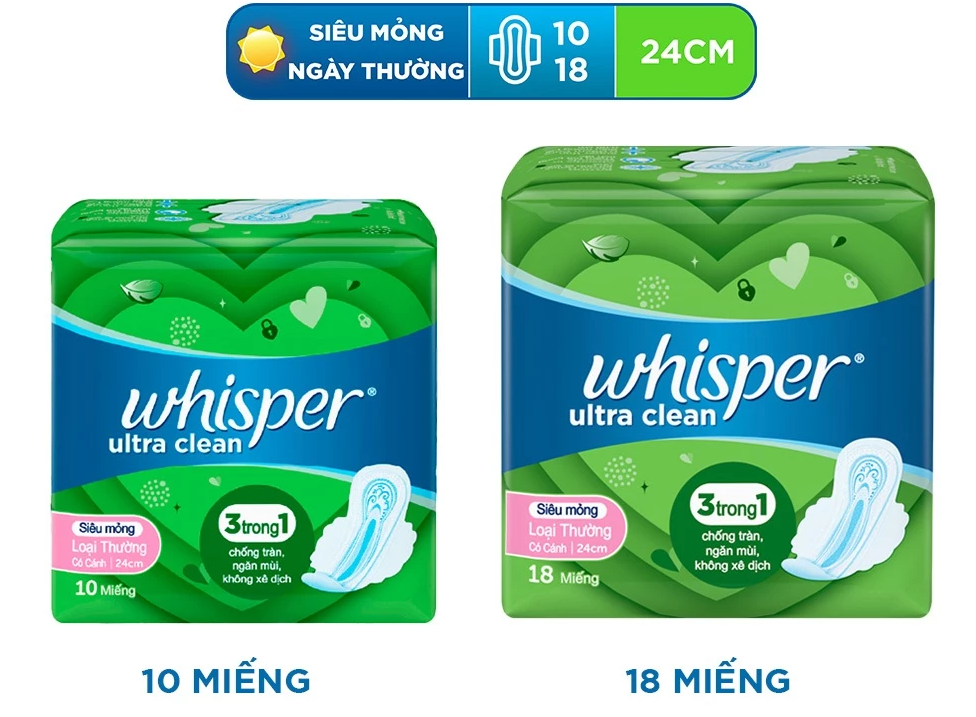  Băng Vệ Sinh WHISPER Ultra CLean Mặt Lưới Cho Ngày Thường 24cm - Gói 10-18 Miếng 