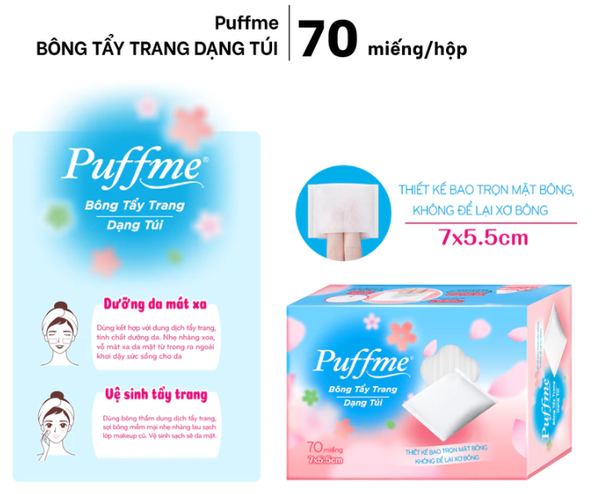  Bông Tẩy Trang Dạng Túi Xỏ Ngón PUFFME 70 Miếng/Hộp | Không Xơ Bông, Tiết Kiệm Nước Tẩy Trang 