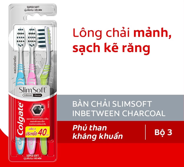  Bàn chải Colgate Slimsoft Between Charcoal lông chải mềm mảnh xen sợi phủ than hoạt tính 