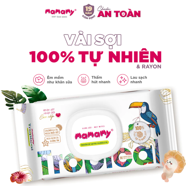  Khăn ướt cao cấp cho bé Mamamy Tropical gói 60-90 tờ 100% sợi tự nhiên và rayon ngừa hăm, mềm dai sạch cực 