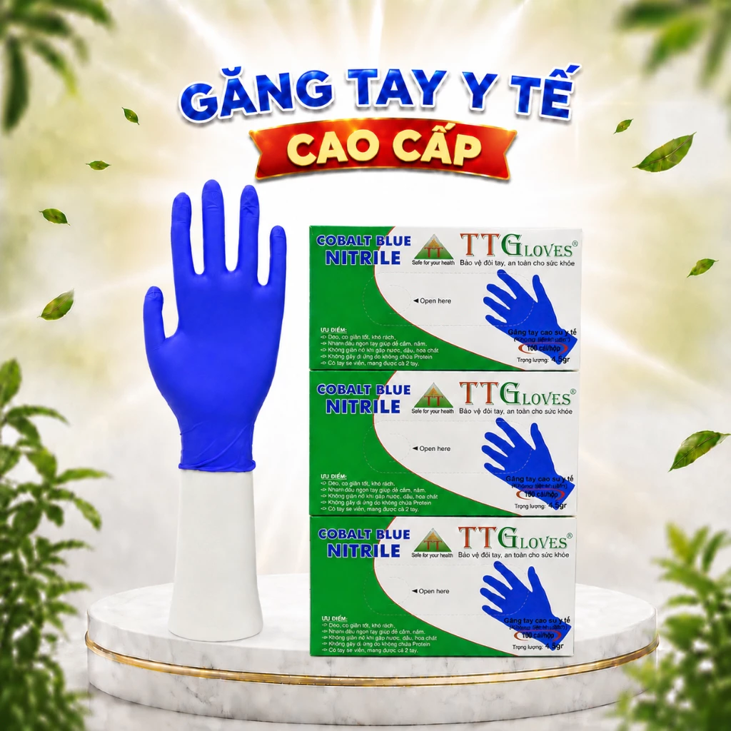  Găng Tay Cao Su Y Tế TTGLOVES Không Bột Nitrile Màu Xanh Coban Siêu Bền 4.5gr (Hộp 100 Chiếc) 