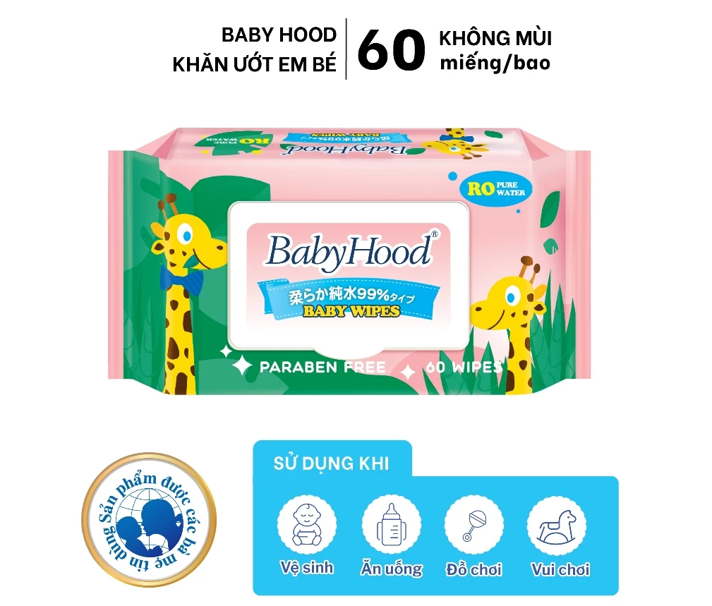  Khăn Uớt Em Bé Không Mùi BABYHOOD 60 Miếng Vải Rayon Mềm Mại, An Toàn Nhẹ Dịu Cho Làn Da Nhạy Cảm 