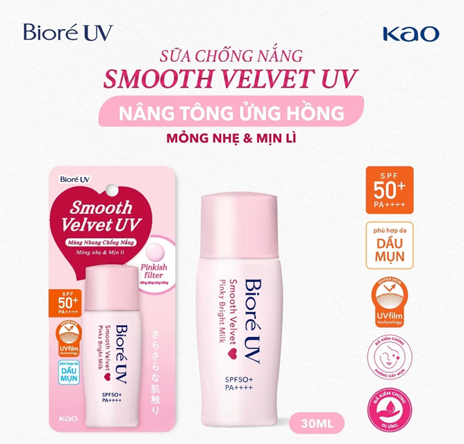  Sữa chống nắng nâng tông Biore UV màng nhung sáng hồng SPF50+ PA++++ 30ml 