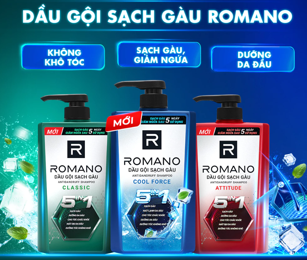  Dầu gội nam sạch gàu 5in1 Romano hương nước hoa 610g / 650g 