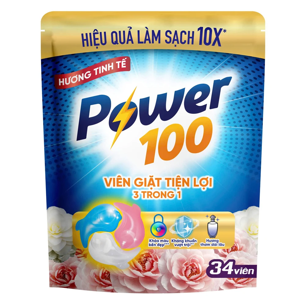  Viên giặt Power 100 3 trong 1 hương tinh tế 510g (15g x 34 viên) 