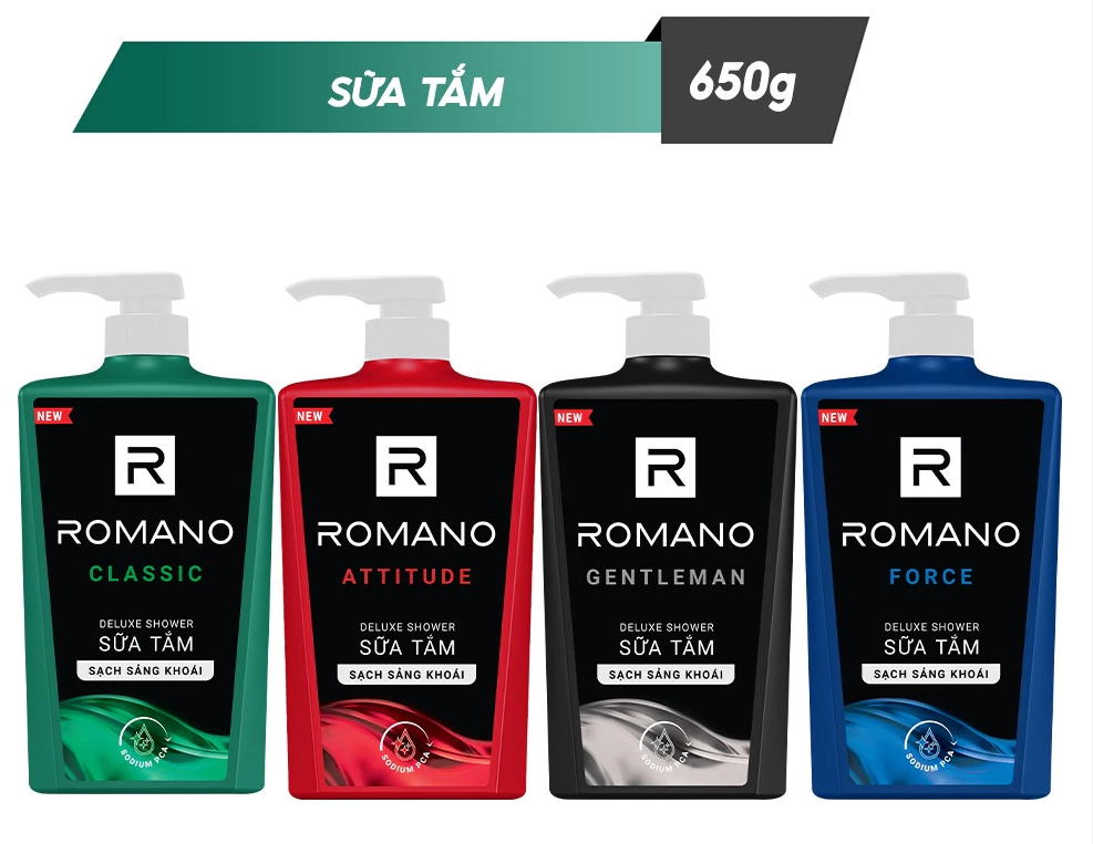  Sữa tắm Romano hương nước hoa Classic/ Attitude/ Force/ Gentleman 650g/chai - 4 mùi hương 